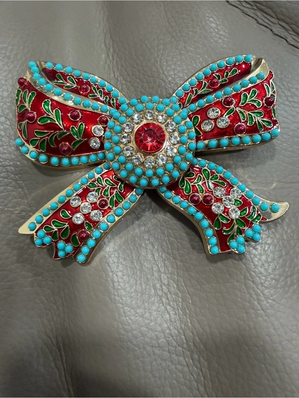 Vintage Style Enamel Bow Brooch Pin Red, Turquoise & Gold Rhinestone accents